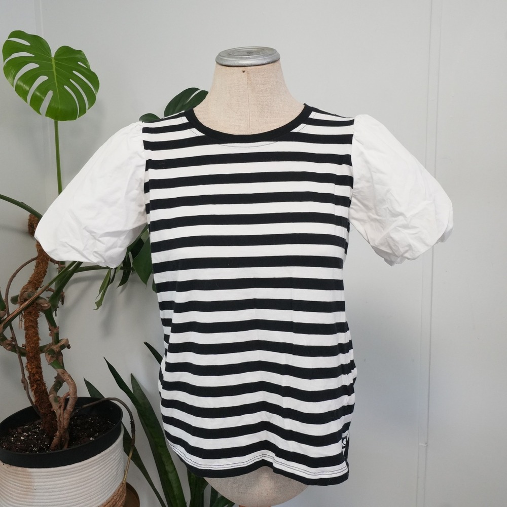 Karl Lagerfeld Paris Puff Sleeve Top Womens XS Black White Striped Prep Minimal